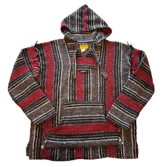 Vintage Baja Hoodie Gold Coast Sunwear Red Black Gray Woven M 🧶🌈 - Picture 1 of 8